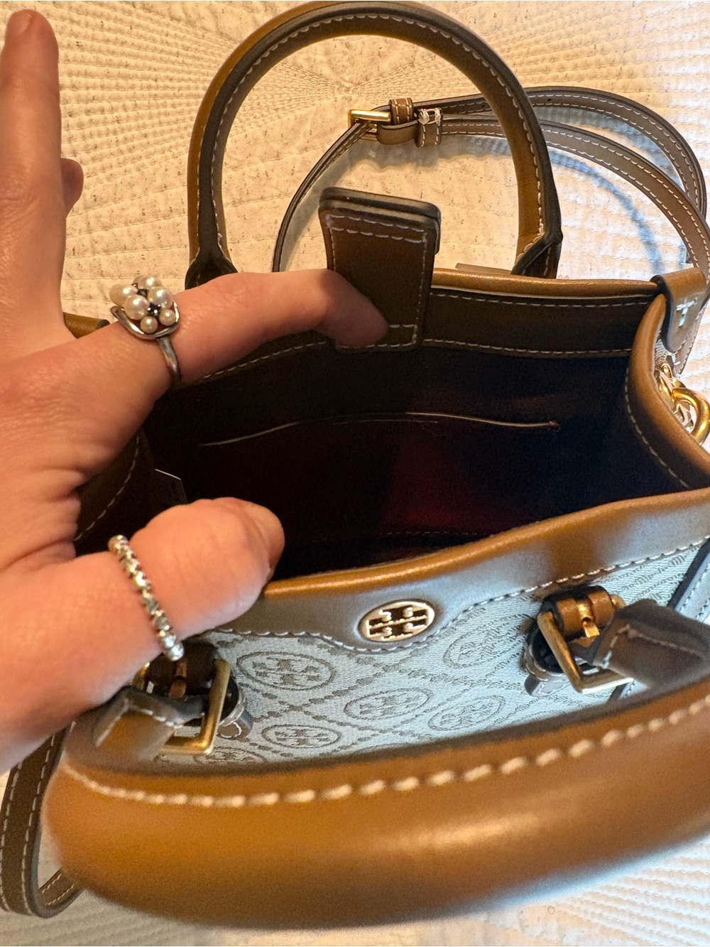 Tory Burch Beige and Brown Mini Logo Jacquard Tote - Picture 7 of 8